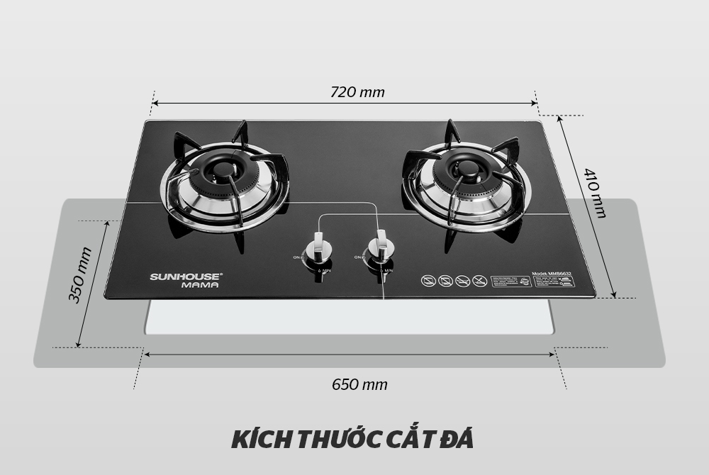 kích thước cắt đá bếp gas âm kính sunhouse mama mmb6632