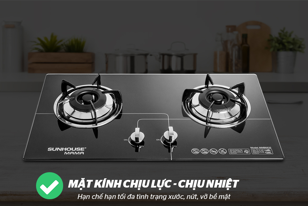 Mặt kính bếp ga âm sunhouse 6632 chịu lực tốt