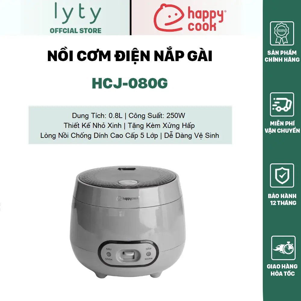 Nồi cơm điện nắp gài 0.8L Happycook HCJ-080G - Chính hãng bảo hành 12 tháng