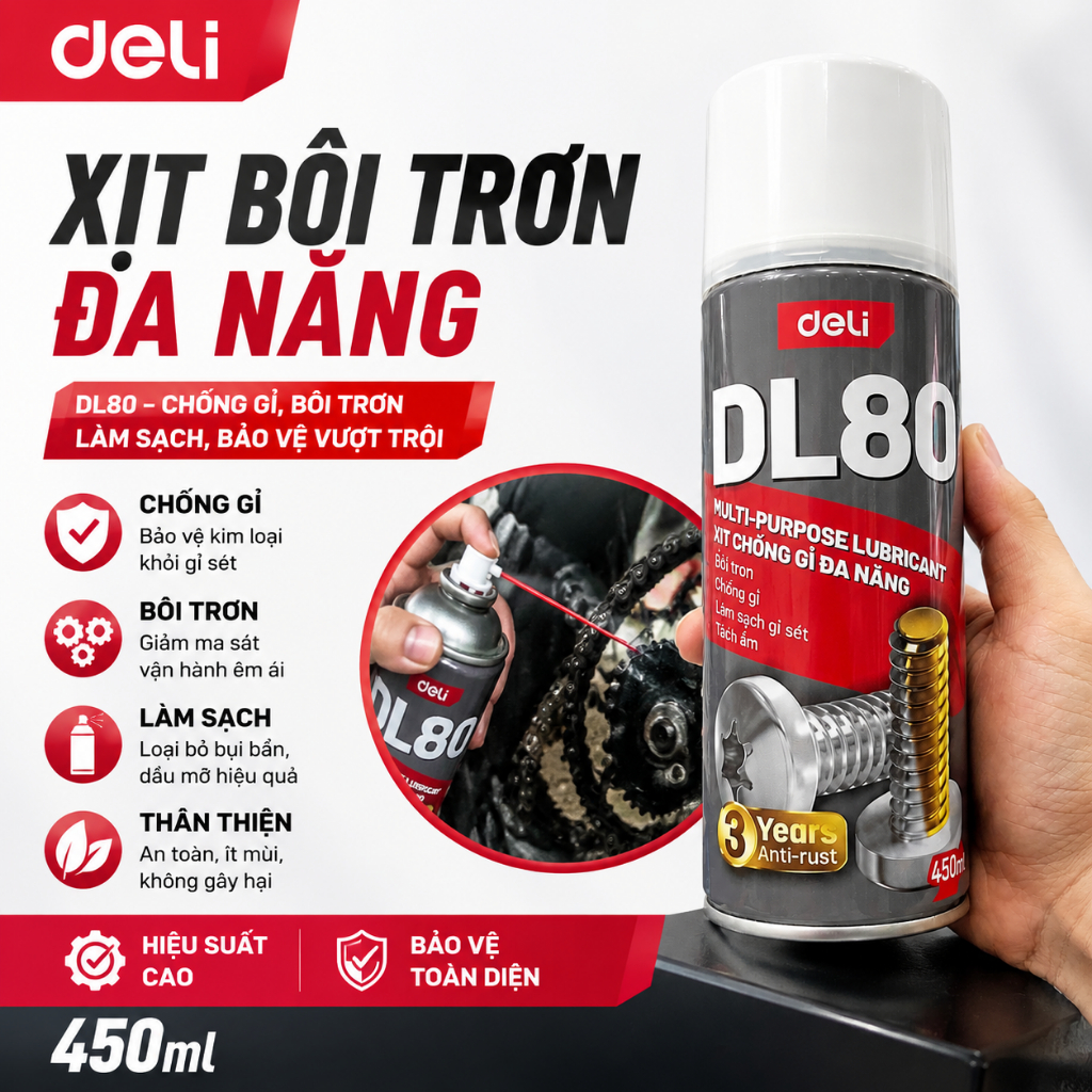 Xịt chống gỉ đa năng 450ml (đỏ) Deli DL80-450 Chính hãng giá rẻ